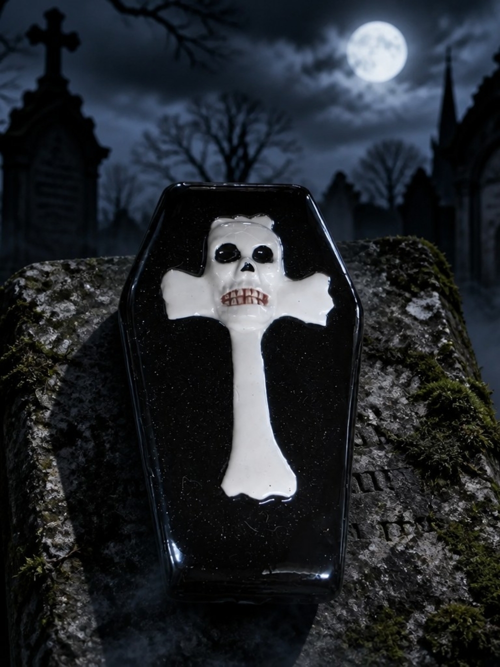 Ceramic Coffin Trinket Box with Ghostly Skull Design - Black & White - Picture 2 of 2